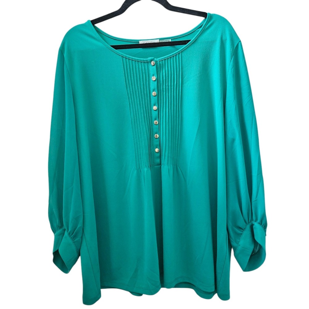 Calvin Klein Top Women L Teal Tunic Pullover 3/4 Sleeve Minimalist Office Mature
